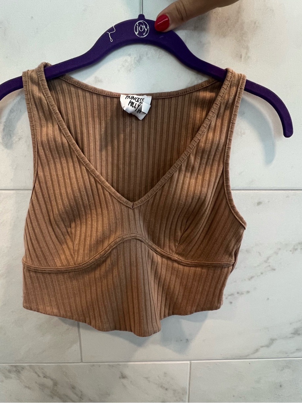 Princess Polly Ribbed V-Neck Cropped Tank Top - Brown